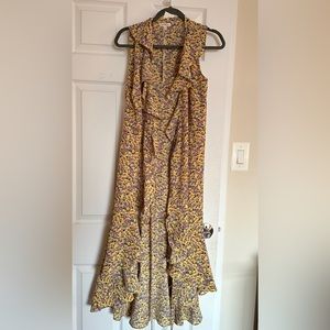 Yellow floral wrap dress.